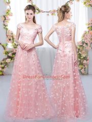 Pink Off The Shoulder Neckline Appliques Dama Dress Cap Sleeves Lace Up