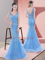 Custom Fit Baby Blue Sleeveless Tulle Sweep Train Backless for Prom and Party and Military Ball