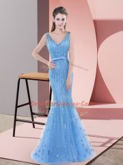 Custom Fit Baby Blue Sleeveless Tulle Sweep Train Backless for Prom and Party and Military Ball