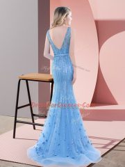 Custom Fit Baby Blue Sleeveless Tulle Sweep Train Backless for Prom and Party and Military Ball