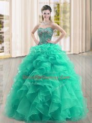 On Sale Floor Length Turquoise 15 Quinceanera Dress Organza Sleeveless Beading and Ruffles