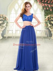 Adorable Royal Blue Chiffon Zipper Straps Sleeveless Floor Length Prom Gown Beading and Lace