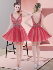 A-line Prom Dress Watermelon Red V-neck Tulle Sleeveless Mini Length Backless