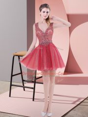 A-line Prom Dress Watermelon Red V-neck Tulle Sleeveless Mini Length Backless