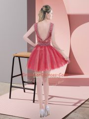 A-line Prom Dress Watermelon Red V-neck Tulle Sleeveless Mini Length Backless