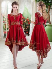 Scoop Long Sleeves Teens Party Dress High Low Embroidery Wine Red Satin