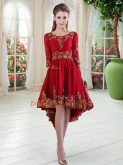 Scoop Long Sleeves Teens Party Dress High Low Embroidery Wine Red Satin