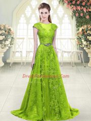 Sleeveless Sweep Train Beading and Pick Ups Zipper Evening Dress