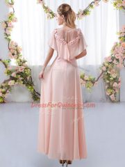 Comfortable Empire Quinceanera Dama Dress Apple Green Scoop Chiffon Short Sleeves Floor Length Zipper
