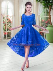 Blue Zipper Prom Party Dress Half Sleeves High Low Lace