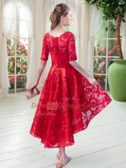 Blue Zipper Prom Party Dress Half Sleeves High Low Lace