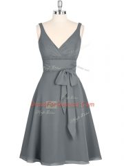 Nice Grey A-line V-neck Sleeveless Chiffon Mini Length Zipper Ruching Prom Dresses
