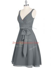 Nice Grey A-line V-neck Sleeveless Chiffon Mini Length Zipper Ruching Prom Dresses