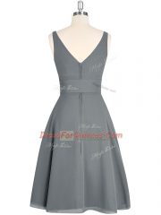 Nice Grey A-line V-neck Sleeveless Chiffon Mini Length Zipper Ruching Prom Dresses