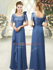 Sophisticated Beading and Ruching Prom Party Dress Blue Zipper Short Sleeves Floor Length