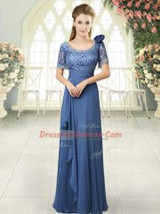 Sophisticated Beading and Ruching Prom Party Dress Blue Zipper Short Sleeves Floor Length