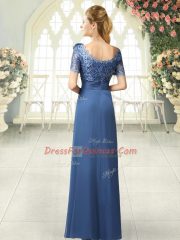 Sophisticated Beading and Ruching Prom Party Dress Blue Zipper Short Sleeves Floor Length