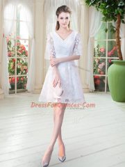 White V-neck Zipper Lace Homecoming Dress Half Sleeves