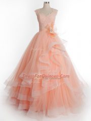 Discount Peach Sleeveless Floor Length Ruffles Lace Up 15 Quinceanera Dress