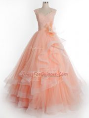 Discount Peach Sleeveless Floor Length Ruffles Lace Up 15 Quinceanera Dress