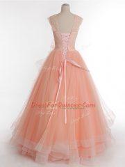 Discount Peach Sleeveless Floor Length Ruffles Lace Up 15 Quinceanera Dress