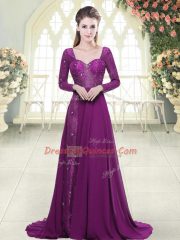Noble Purple Chiffon Zipper Sweetheart Long Sleeves Homecoming Dress Brush Train Beading