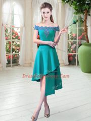 Hot Sale A-line Prom Evening Gown Teal Off The Shoulder Satin Sleeveless Asymmetrical Zipper