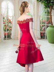 Hot Sale A-line Prom Evening Gown Teal Off The Shoulder Satin Sleeveless Asymmetrical Zipper