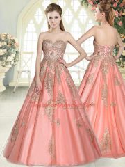 Traditional Sleeveless Floor Length Appliques Lace Up with Watermelon Red