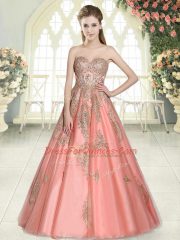 Traditional Sleeveless Floor Length Appliques Lace Up with Watermelon Red