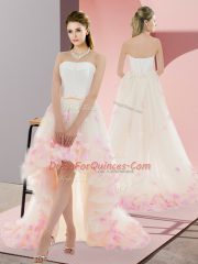 Sumptuous Champagne Strapless Neckline Appliques Prom Party Dress Sleeveless Lace Up