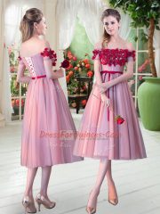 Gorgeous Tea Length Lace Up Prom Dresses Pink for Prom and Party with Appliques