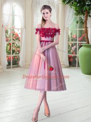 Gorgeous Tea Length Lace Up Prom Dresses Pink for Prom and Party with Appliques