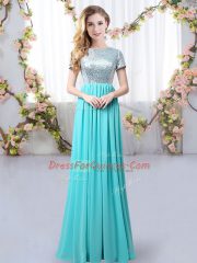 Customized Floor Length Empire Short Sleeves Aqua Blue Dama Dress for Quinceanera Zipper