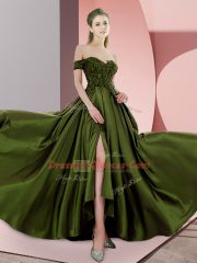 Stylish Olive Green Homecoming Dress Prom and Party with Beading Off The Shoulder Sleeveless Sweep Train Backless