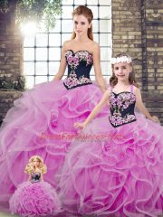 Fantastic Lilac Lace Up Sweetheart Embroidery and Ruffles Quinceanera Gown Tulle Sleeveless Sweep Train