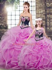 Fantastic Lilac Lace Up Sweetheart Embroidery and Ruffles Quinceanera Gown Tulle Sleeveless Sweep Train