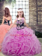 Fantastic Lilac Lace Up Sweetheart Embroidery and Ruffles Quinceanera Gown Tulle Sleeveless Sweep Train