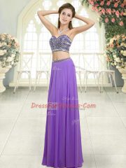 Elegant Floor Length Lavender Teens Party Dress Chiffon Sleeveless Beading
