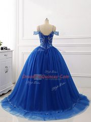 Royal Blue Ball Gowns Tulle Off The Shoulder Sleeveless Beading Lace Up Sweet 16 Dress Brush Train