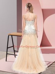 Decent V-neck Sleeveless Tulle Beading Sweep Train Zipper