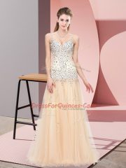 Decent V-neck Sleeveless Tulle Beading Sweep Train Zipper