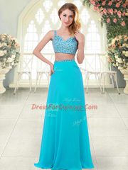 Aqua Blue Zipper Straps Beading Prom Evening Gown Chiffon Sleeveless