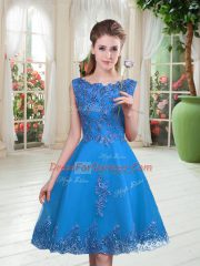 Best Selling Knee Length Blue Prom Dresses Scoop Sleeveless Lace Up