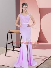 V-neck Sleeveless Sweep Train Zipper Teens Party Dress Lilac Chiffon