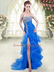 High Quality Blue Mermaid Sweetheart Sleeveless Organza Sweep Train Lace Up Beading and Ruffled Layers Homecoming Dress