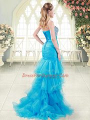 High Quality Blue Mermaid Sweetheart Sleeveless Organza Sweep Train Lace Up Beading and Ruffled Layers Homecoming Dress