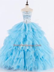 Baby Blue Ball Gowns Tulle Sweetheart Sleeveless Beading and Ruffles Floor Length Lace Up 15th Birthday Dress