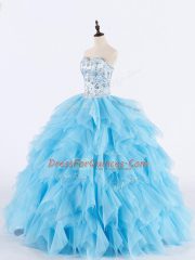 Baby Blue Ball Gowns Tulle Sweetheart Sleeveless Beading and Ruffles Floor Length Lace Up 15th Birthday Dress