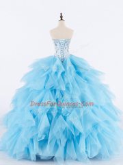 Baby Blue Ball Gowns Tulle Sweetheart Sleeveless Beading and Ruffles Floor Length Lace Up 15th Birthday Dress